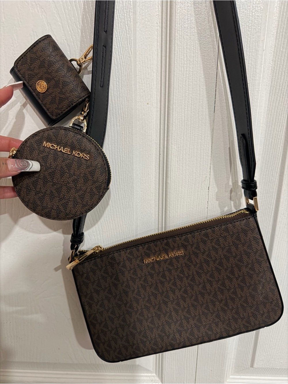 Michael Kors Brown MK Logo Crossbody Trio with Coin Pouch and Card Case